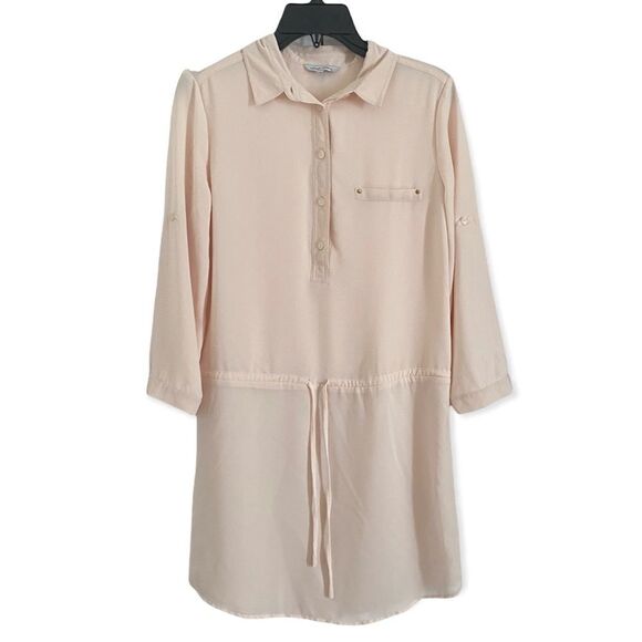 Naked Zebra Greige Roll Tab Sleeve Dress Top Mini Shirt Beige cream size small S - Picture 1 of 8